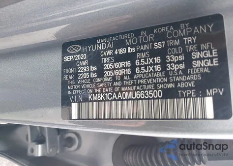 2021 Hyundai Kona Se z USA, uszkodzony, nr VIN KM8K1CAA0MU663500